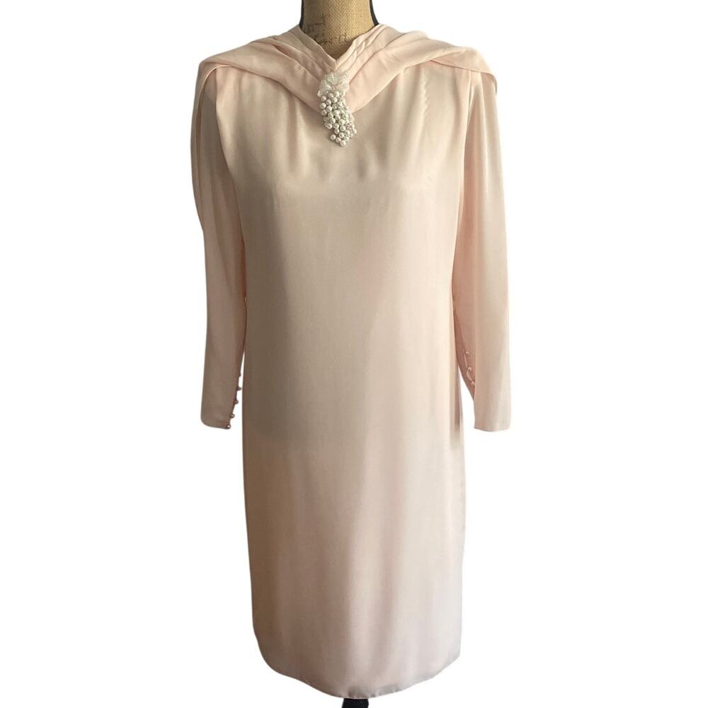 Vintage 80s Ursula Switzerland Blush Cowl Neck Sheath Dress Small Brooch USA